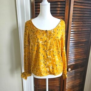 Banana Republic Gold Yellow Color Floral Blouse with Ribbon Tie Sleeves